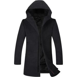 imageELETOP Mens Trench Coat Long Wool Coat Winter Classic Overcoat Top Pea Coat1812 Black Hooded
