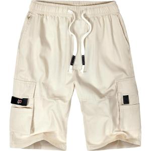 imageELETOP Mens Cargo Shorts Elastic Waistband Drawstring Big and Tall Cotton Summer Casual Work Shorts901 Beige