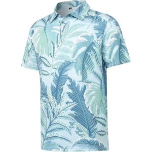 imageELETOP Mens Golf Polo Shirts Short Sleeve Moisture Wicking Hawaiian Tropical Polos Performance Golf Shirts for Men Dry Fit004leaves Grey Blue