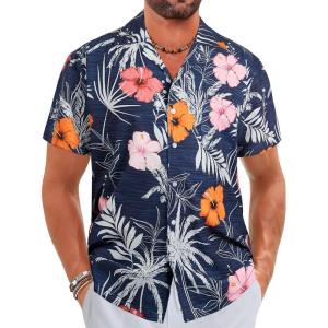 imageELETOP Mens Hawaiian Shirt Quick Dry Tropical Beach Shirts Short Sleeve Aloha Holiday Casual Cuban Shirts056 Petunia Navy