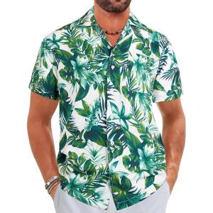 imageELETOP Mens Hawaiian Shirts Short Sleeve Floral Beach Shirts Button Down Tropical Aloha Vacation Shirts000 Green Leaf