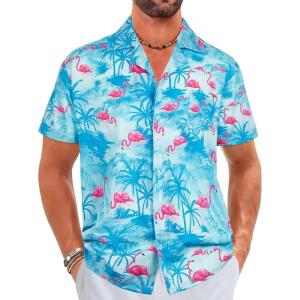 imageELETOP Mens Hawaiian Shirts Short Sleeve Floral Beach Shirts Button Down Tropical Aloha Vacation Shirts034 Flamingo Light Blue