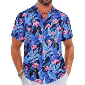 imageELETOP Mens Hawaiian Shirts Short Sleeve Floral Beach Shirts Button Down Tropical Aloha Vacation Shirts040 Flamingo Blue