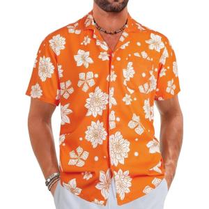 imageELETOP Mens Hawaiian Shirts Short Sleeve Floral Beach Shirts Button Down Tropical Aloha Vacation Shirts045 Floral Orange