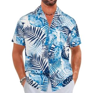 imageELETOP Mens Hawaiian Shirts Short Sleeve Floral Beach Shirts Button Down Tropical Aloha Vacation Shirts049 Palm Leaf Blue
