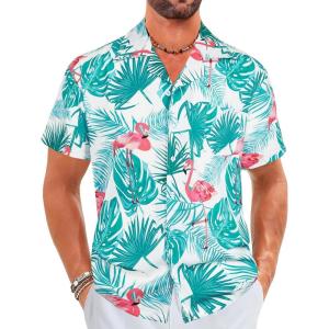 imageELETOP Mens Hawaiian Shirts Short Sleeve Floral Beach Shirts Button Down Tropical Aloha Vacation Shirts097 Flamingo Green Leaf