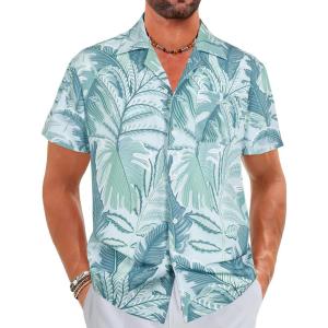 imageELETOP Mens Hawaiian Shirts Short Sleeve Floral Beach Shirts Button Down Tropical Aloha Vacation Shirts132 Palm Grey Blue