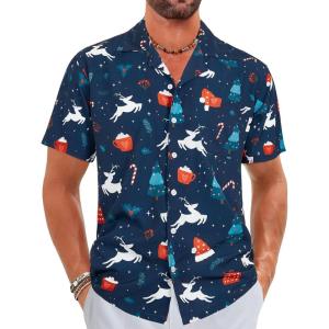imageELETOP Mens Hawaiian Shirts Short Sleeve Floral Beach Shirts Button Down Tropical Aloha Vacation Shirts184 Christmas Navy