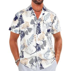 imageELETOP Mens Hawaiian Shirts Short Sleeve Floral Beach Shirts Button Down Tropical Aloha Vacation Shirts206 Leaf Blue White