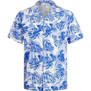 imageELETOP Mens Hawaiian Shirts Short Sleeve Floral Beach Shirts Button Down Tropical Aloha Vacation Shirts237 Palm Leaf Blue