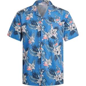 imageELETOP Mens Hawaiian Shirts Short Sleeve Floral Beach Shirts Button Down Tropical Aloha Vacation Shirts238 Flamingo Flower Blue