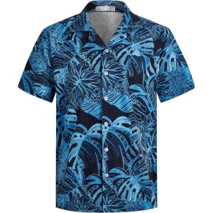 imageELETOP Mens Hawaiian Shirts Short Sleeve Floral Beach Shirts Button Down Tropical Aloha Vacation Shirts240 Palm Leaf Dark Blue