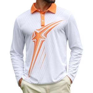 imageELETOP Mens Long Sleeve Polo Shirts with Collar Classic Button Performance Moisture Wicking Dry Fit Casual Golf Shirt for Men093 Star Orange White