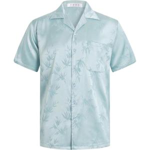 imageELETOP Mens Hawaiian Shirts Summer Imitated Silk Jacquard Shirts Short Sleeve Casual Beach ShirtsM023 Light Blue