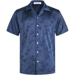 imageELETOP Mens Hawaiian Shirts Summer Imitated Silk Jacquard Shirts Short Sleeve Casual Beach ShirtsM048 Dark Blue