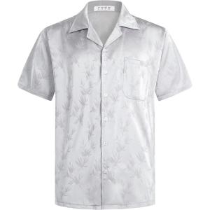 imageELETOP Mens Hawaiian Shirts Summer Imitated Silk Jacquard Shirts Short Sleeve Casual Beach ShirtsM049 Silver Grey