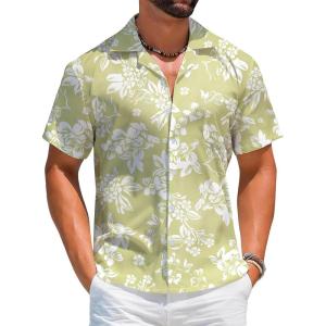 imageELETOP Mens Hawaiian Shirts Short Sleeve Floral Beach Shirts Button Down Tropical Aloha Vacation Shirts258 Light Green White Flower