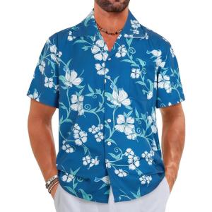 imageELETOP Mens Hawaiian Shirt Tropical Beach Shirts Short Sleeve Aloha Floral Vacation Button Down Shirts262 White Flowers Blue