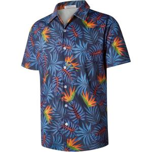 imageELETOP Mens Hawaiian Shirt Summer Stretch Short Sleeve Tropical Beach Button Down Casual ShirtM117 Leaf Blue