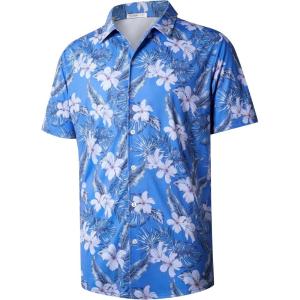 imageELETOP Mens Hawaiian Shirt Summer Stretch Short Sleeve Tropical Beach Button Down Casual ShirtM118 White Flower Blue