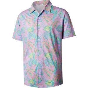 imageELETOP Mens Hawaiian Shirt Summer Stretch Short Sleeve Tropical Beach Button Down Casual ShirtM119 Leaf Pink