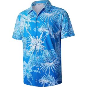 imageELETOP Mens Hawaiian Shirt Summer Stretch Short Sleeve Tropical Beach Button Down Casual ShirtM120 Leaf Blue White