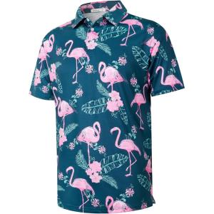 imageELETOP Mens Golf Polo Shirts Short Sleeve Moisture Wicking Hawaiian Tropical Polos Performance Golf Shirts for Men Dry Fit132 Flamingo Dark Green