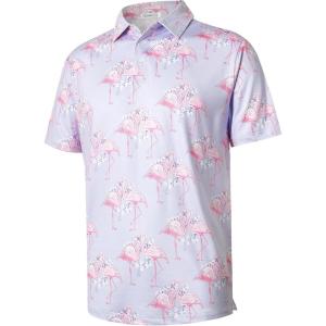 imageELETOP Mens Golf Polo Shirts Short Sleeve Moisture Wicking Hawaiian Tropical Polos Performance Golf Shirts for Men Dry Fit133 Flamingo Light Purple