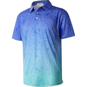 imageELETOP Mens Golf Polo Shirts Short Sleeve Moisture Wicking Hawaiian Tropical Polos Performance Golf Shirts for Men Dry Fit142 Leaf Blue Green