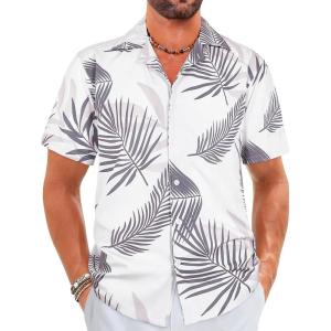 imageELETOP Mens Hawaiian Shirt Short Sleeve Button Down Casual Tropical Aloha Beach Shirts070 Leaf Beige