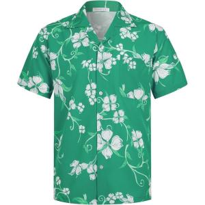 imageELETOP Mens Hawaiian Shirt Short Sleeve Button Down Casual Tropical Aloha Beach Shirts260 White Flower Green