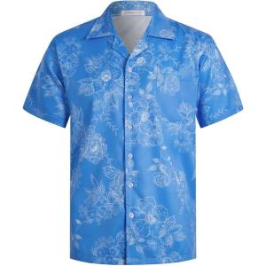 imageELETOP Mens Hawaiian Shirt Short Sleeve Button Down Casual Tropical Aloha Beach Shirts263 White Flower Blue