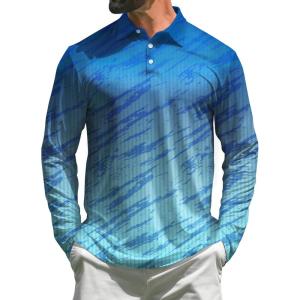 imageELETOP Mens Golf Shirts Long Sleeve Print Performance Polo Shirts Moisture Wicking Dry Fit Golf Polo for Men145 Striped Blue Green