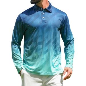 imageELETOP Mens Golf Shirts Long Sleeve Print Performance Polo Shirts Moisture Wicking Dry Fit Golf Polo for Men150 Gradient Blue Green