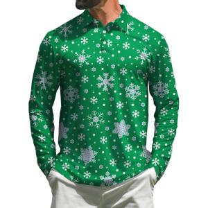 imageELETOP Mens Golf Shirts Long Sleeve Print Performance Polo Shirts Moisture Wicking Dry Fit Golf Polo for Men159 Snowflake Green