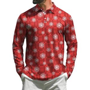 imageELETOP Mens Golf Shirts Long Sleeve Print Performance Polo Shirts Moisture Wicking Dry Fit Golf Polo for Men160 Snowflake Red