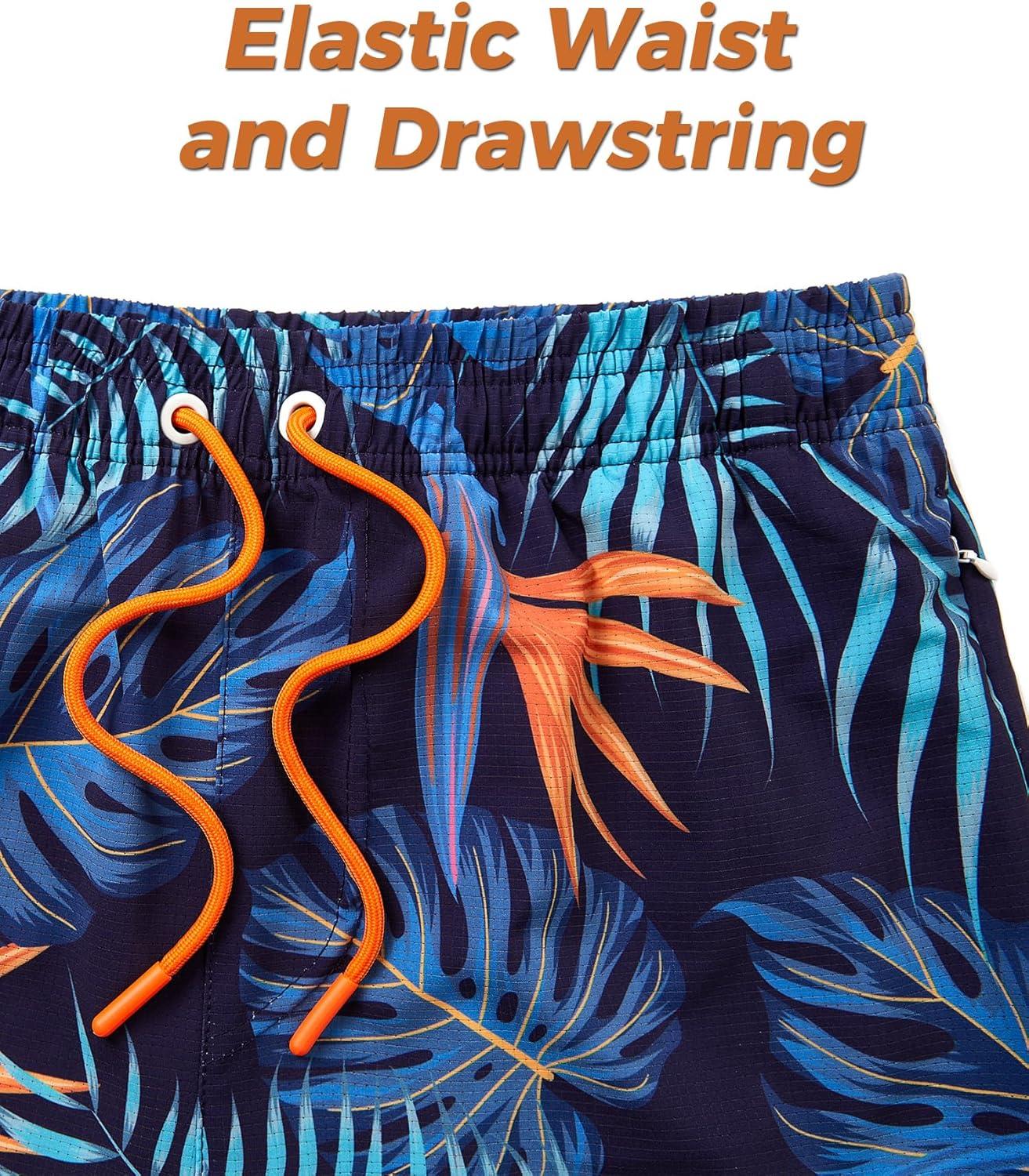 imageELETOP Mens Swim Trunks with Compression Liner Bathing Suit Beach Board Shorts with Zipper Pockets606 Palm Leaf Blue Yellow