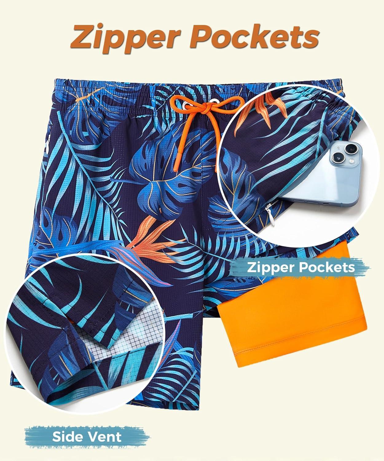 imageELETOP Mens Swim Trunks with Compression Liner Bathing Suit Beach Board Shorts with Zipper Pockets606 Palm Leaf Blue Yellow