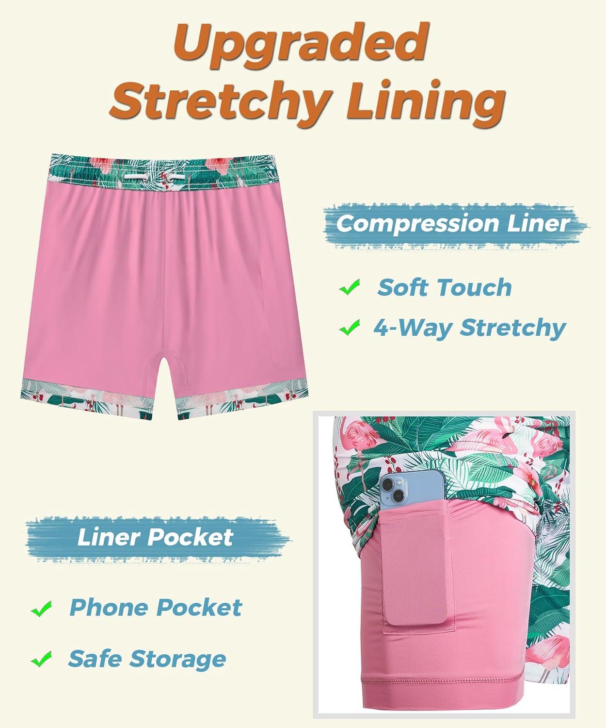 imageELETOP Mens Swim Trunks with Compression Liner Bathing Suit Beach Board Shorts with Zipper Pockets607 Flamingo Green Leaf