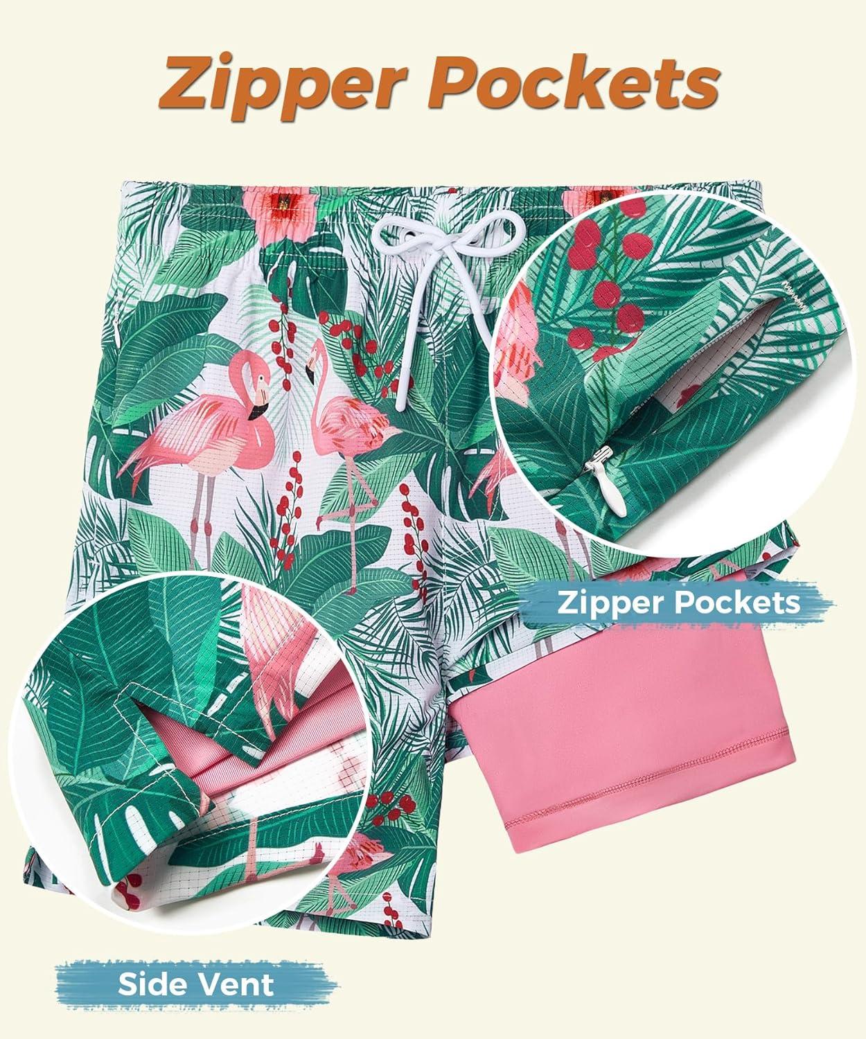 imageELETOP Mens Swim Trunks with Compression Liner Bathing Suit Beach Board Shorts with Zipper Pockets607 Flamingo Green Leaf