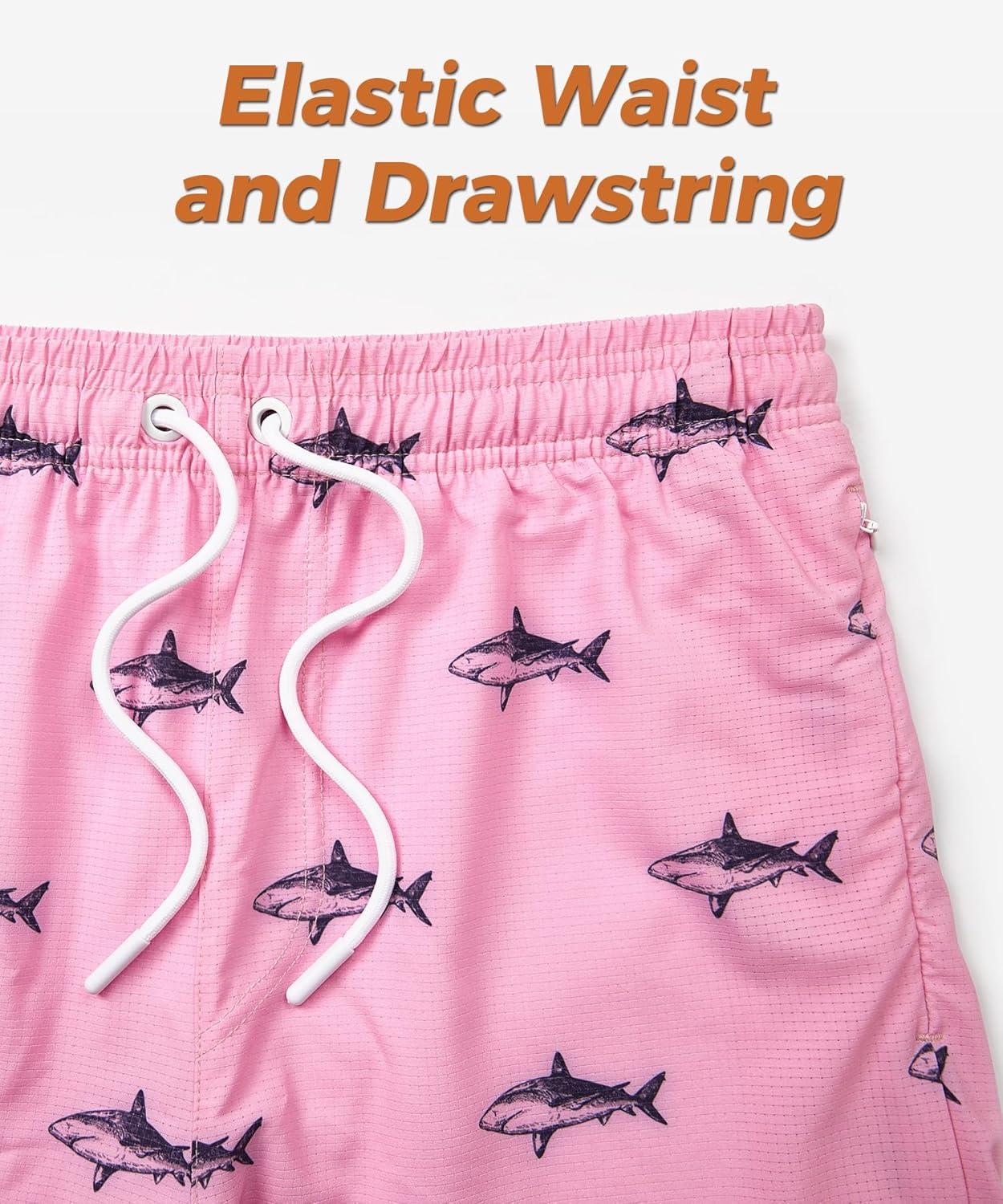 imageELETOP Mens Swim Trunks with Compression Liner Bathing Suit Beach Board Shorts with Zipper Pockets611 Shark Pink