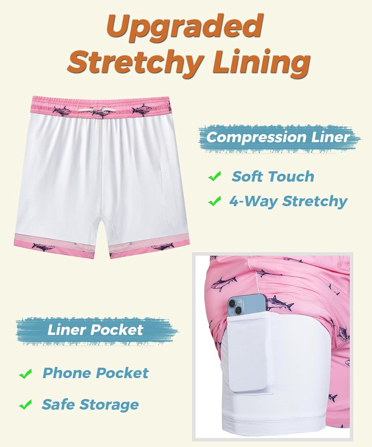 imageELETOP Mens Swim Trunks with Compression Liner Bathing Suit Beach Board Shorts with Zipper Pockets611 Shark Pink