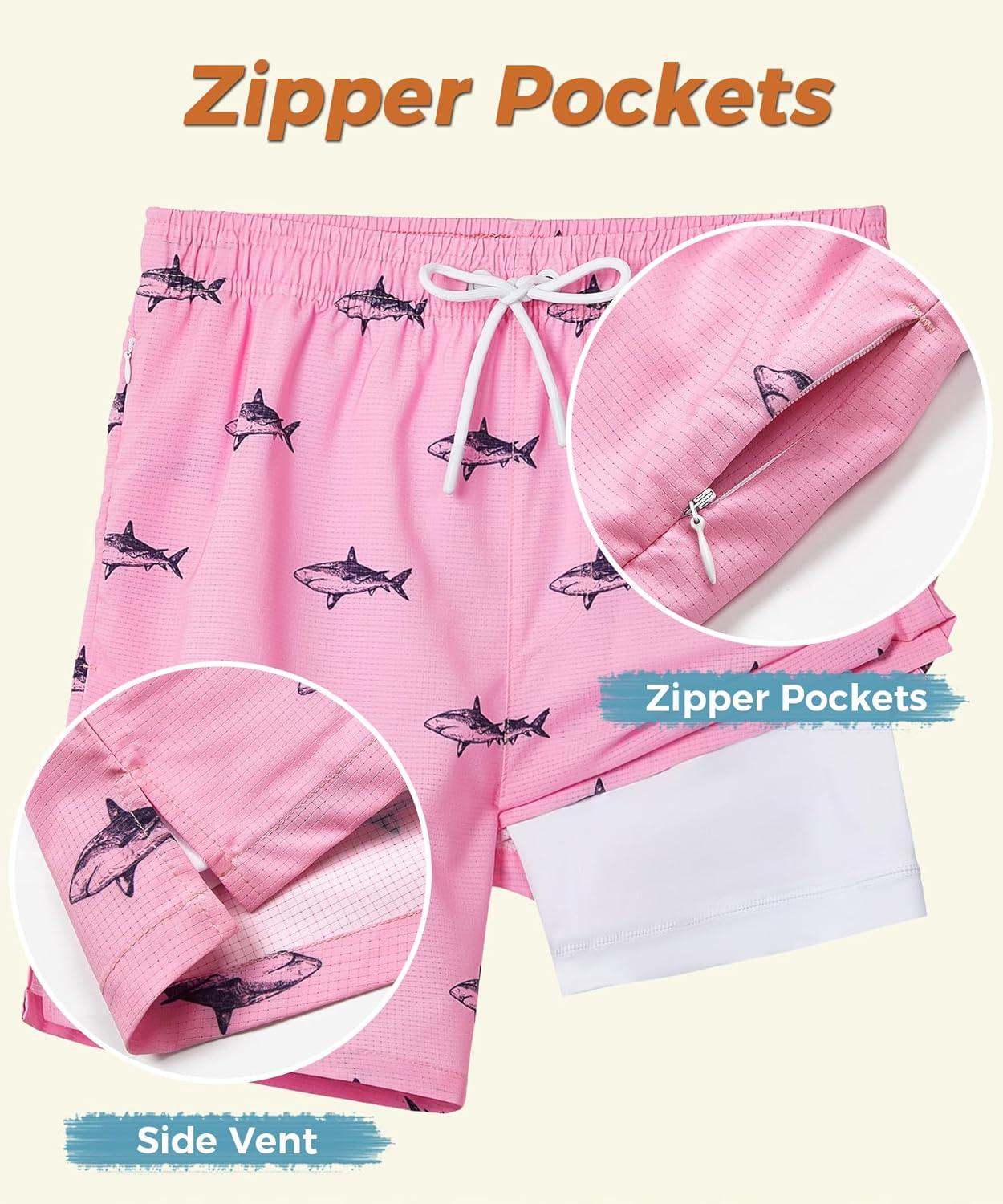 imageELETOP Mens Swim Trunks with Compression Liner Bathing Suit Beach Board Shorts with Zipper Pockets611 Shark Pink