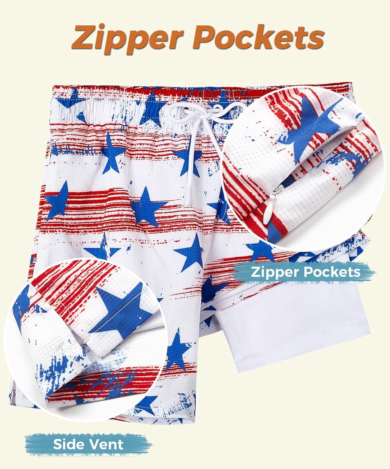 imageELETOP Mens Swim Trunks with Compression Liner Bathing Suit Beach Board Shorts with Zipper Pockets612 Flag White