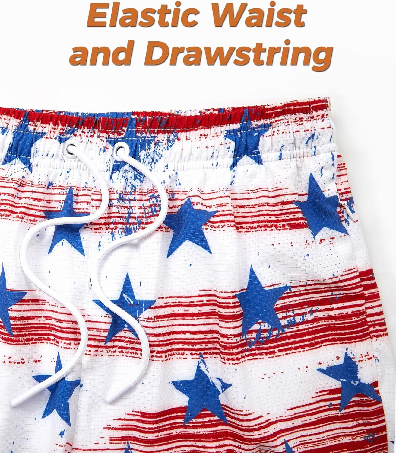 imageELETOP Mens Swim Trunks with Compression Liner Bathing Suit Beach Board Shorts with Zipper Pockets612 Flag White