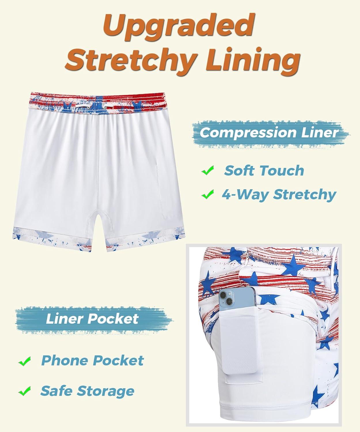 imageELETOP Mens Swim Trunks with Compression Liner Bathing Suit Beach Board Shorts with Zipper Pockets612 Flag White