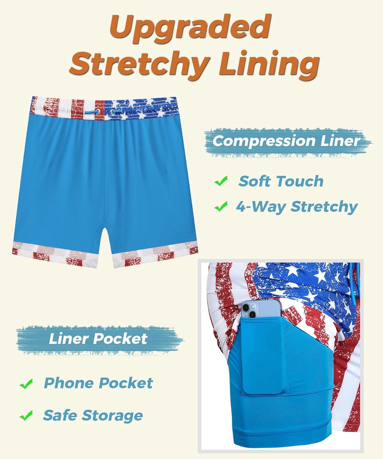 imageELETOP Mens Swim Trunks with Compression Liner Bathing Suit Beach Board Shorts with Zipper Pockets613 Flag Blue