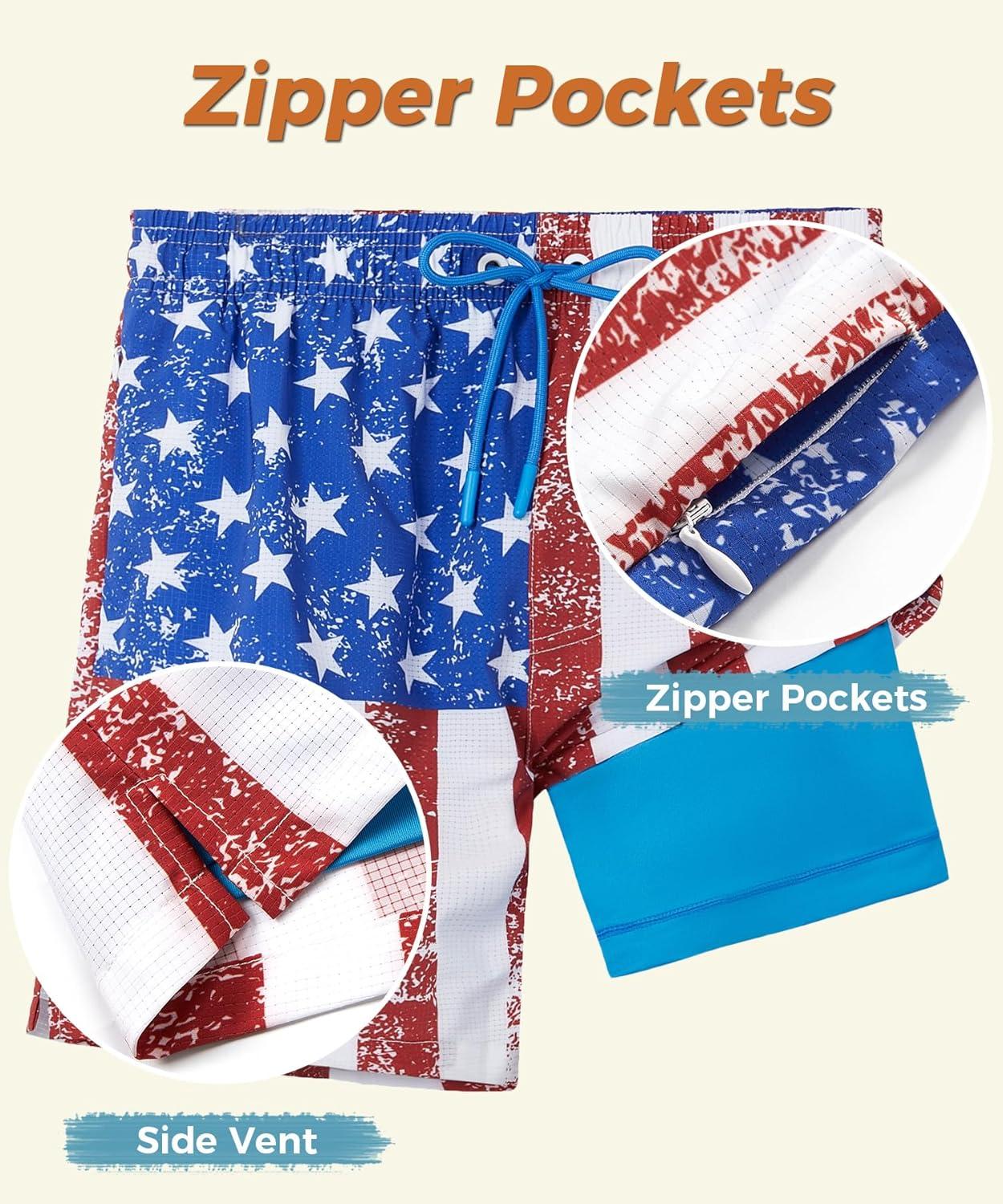 imageELETOP Mens Swim Trunks with Compression Liner Bathing Suit Beach Board Shorts with Zipper Pockets613 Flag Blue