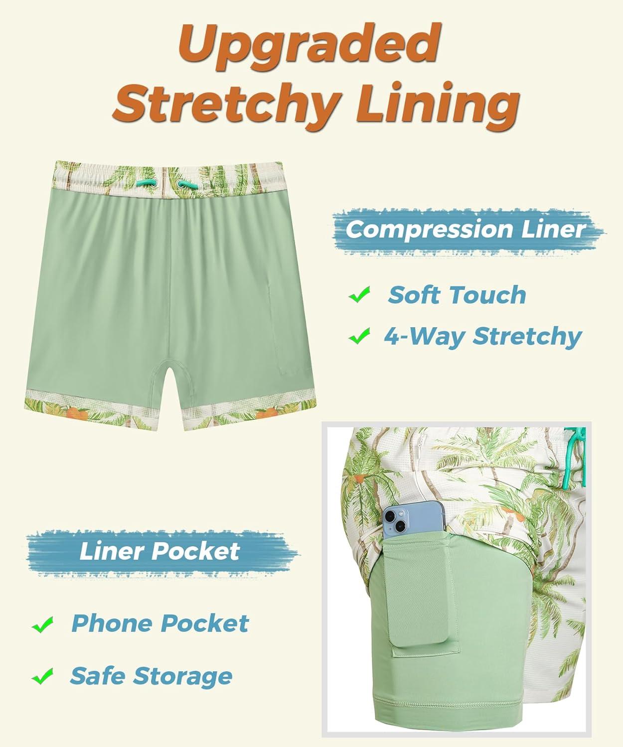 imageELETOP Mens Swim Trunks with Compression Liner Bathing Suit Beach Board Shorts with Zipper Pockets614 Green Tree Beige