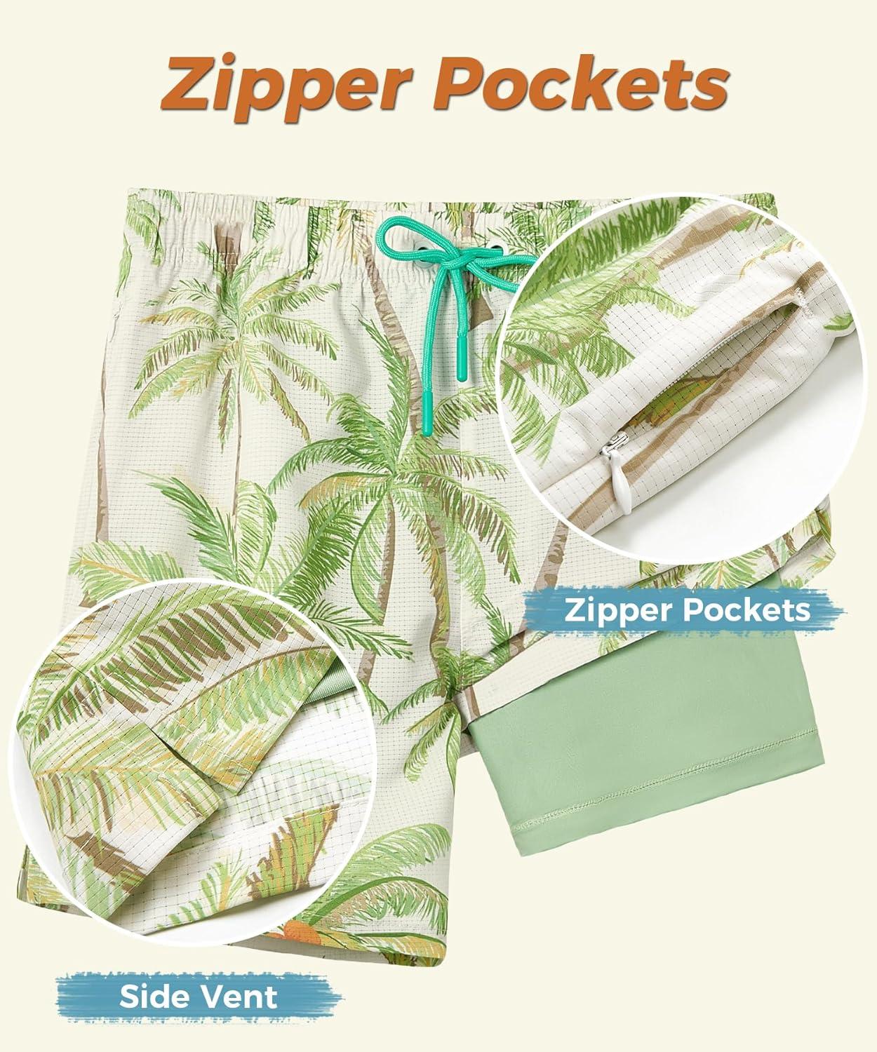 imageELETOP Mens Swim Trunks with Compression Liner Bathing Suit Beach Board Shorts with Zipper Pockets614 Green Tree Beige